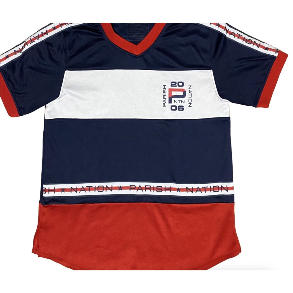 Parish Nation Men's M Navy Red Striped Soccer Jersey Athletic Short Sleeve Shirt